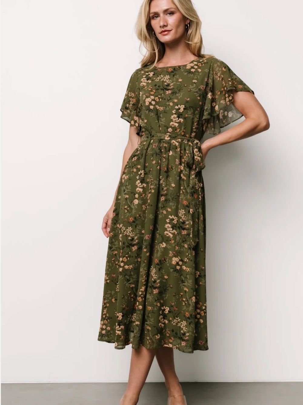 New!!! Baltic Born Olive Green Floral Midi Dress with Tie Waist